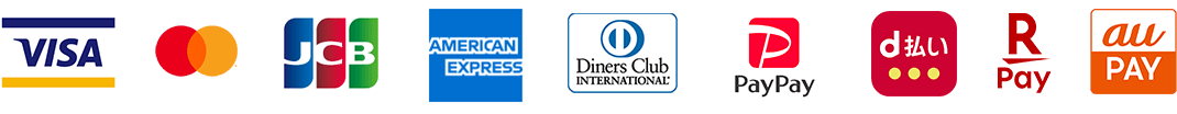 VISA,MasterCard,JCB,AMERICAN EXPRESS,Diners Club INTERNATIONAL,PayPay,d払い,楽天Pay,auPay